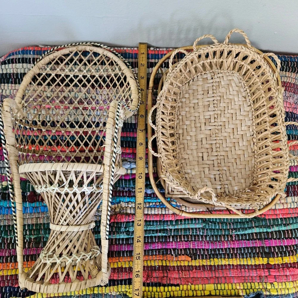 Mixed 4pc Wicker Rattan Lot Bundle Doll Chair Hot Pad Basket Tray Boho Farmhouse